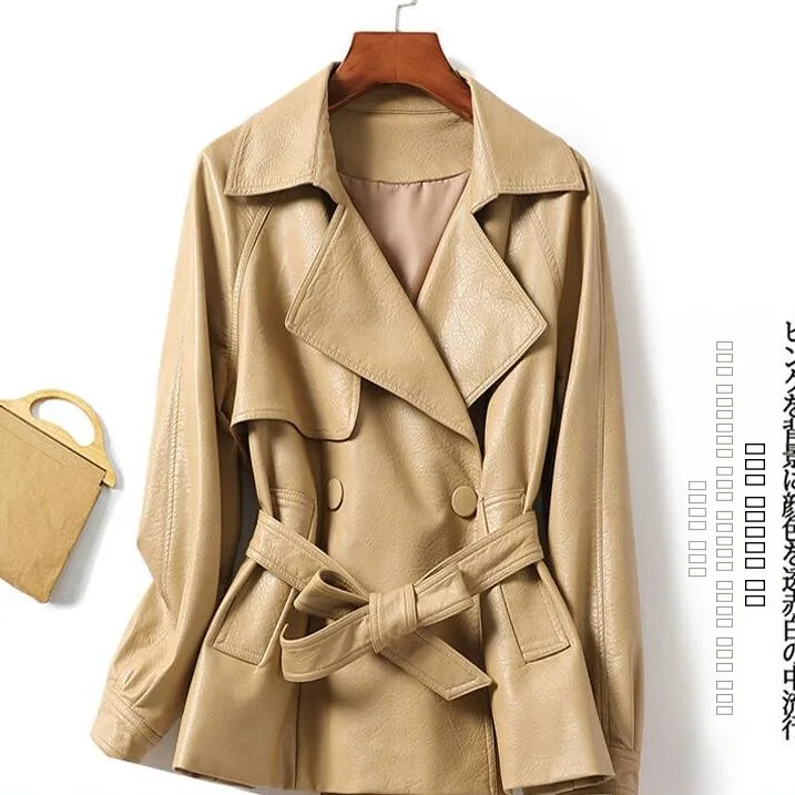 

Faionable Belted Slim Fit ort Leather Jaet Women's Outerwear Haining Spring Autumn New Sle Zipper Closure Long Sve