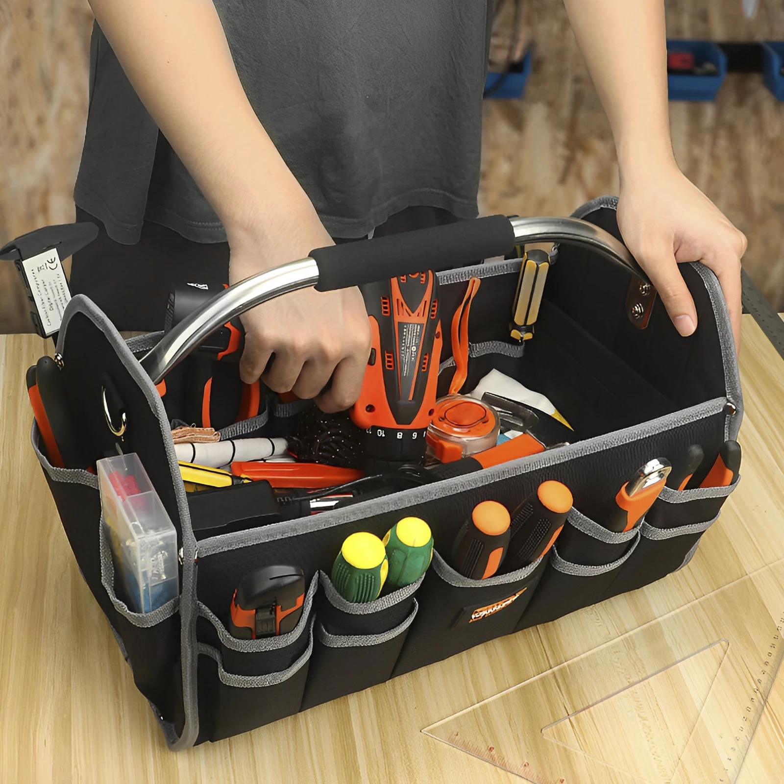 16-18 Inch Waterproof Tool Bag 1680D Oxford Canvas Multifunctional Tool Bag Large Capacity Wrench Screw Repair Storage Organiser