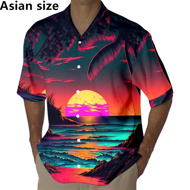 

2025 Casual Men's Hawaiian Shirts 3D Print Seaside Coconut Print Short Sleeve Button Beach Shirt Summer Vacation Blouse For Men