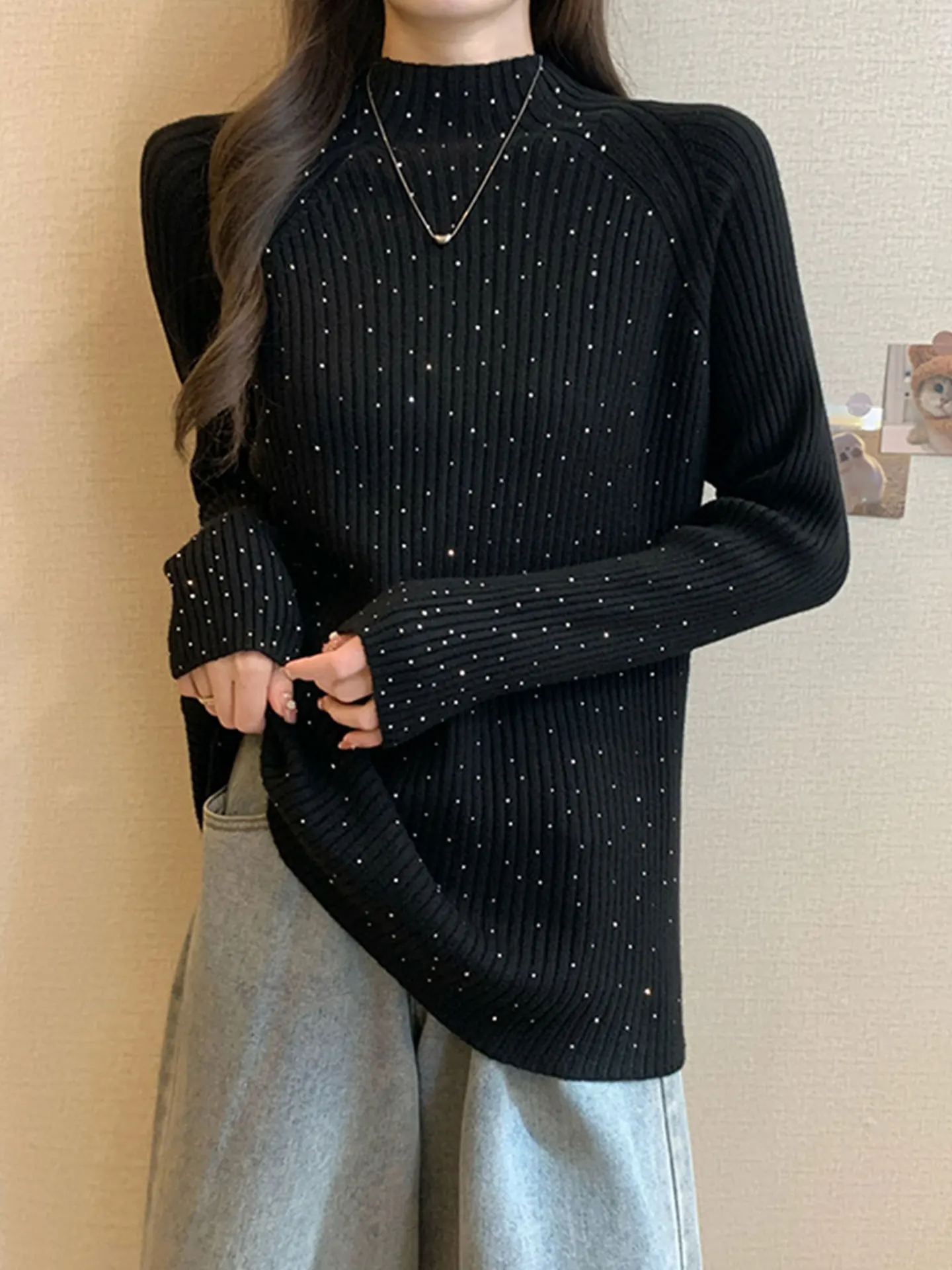 

Уникальный красивый вязаный свитер с высоким воротом и длинными рукавами, больших размеров, женский базовый топ в корейском стиле, свободный крой, осенне-зимний.