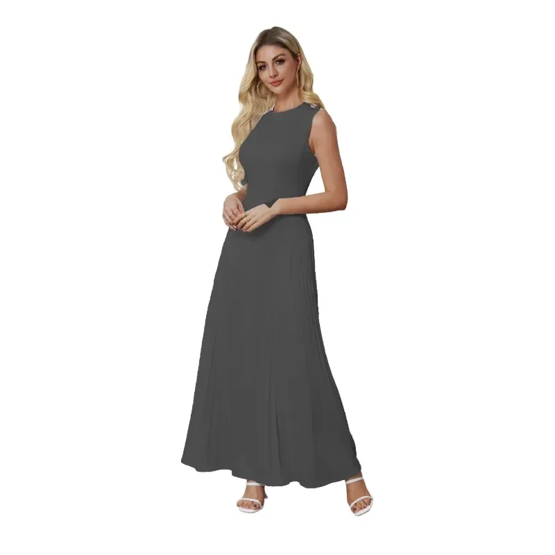 Round neck backless sexy Midi dress for women, elegant pleated waist long evening dress for women, ceremonial dress for women