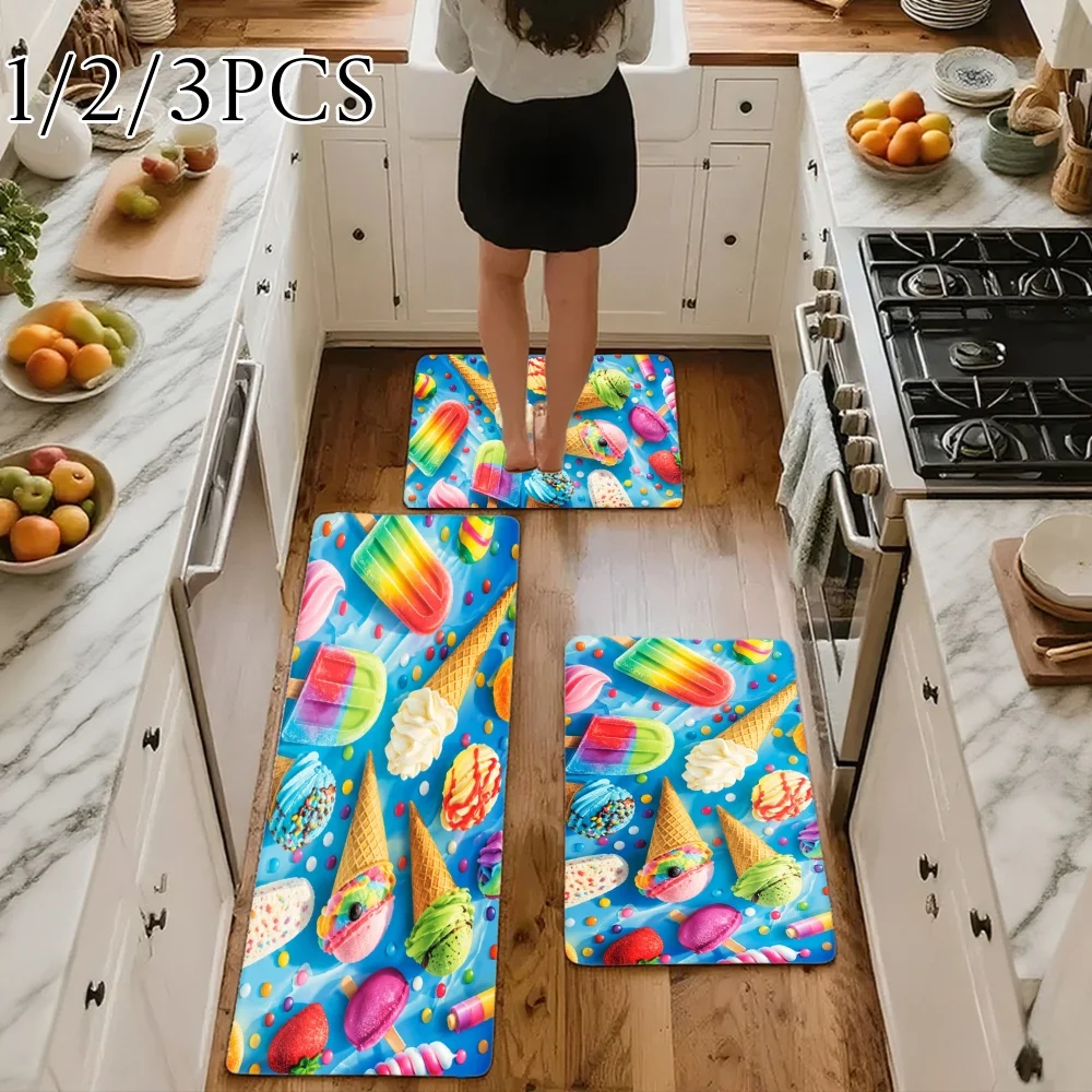 3PCS Kitchen Rugs,Home Decoration for Front Door, Kitchen, Bathroom, Colorful Ice Cream Pops And Cones Pattern Dining Mat