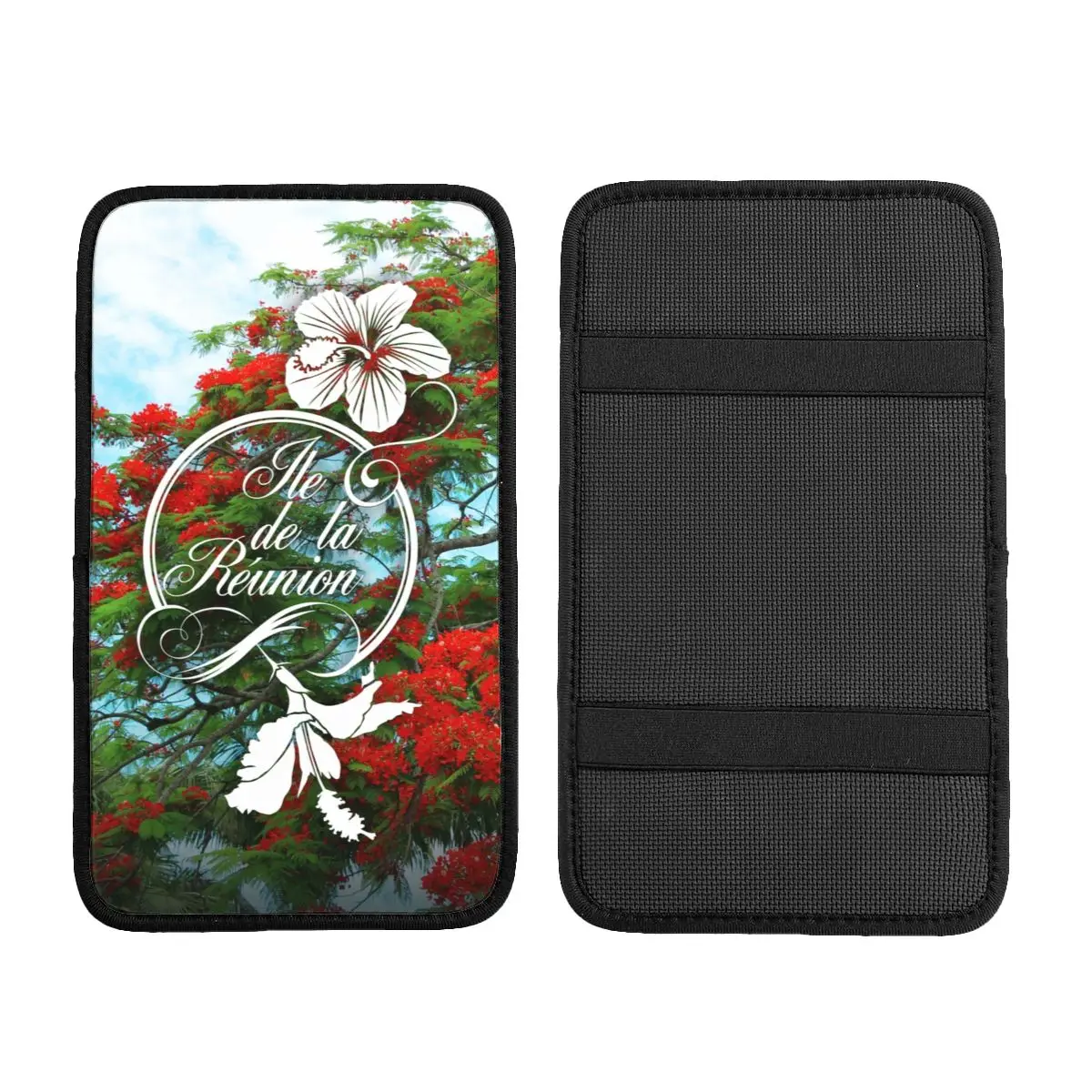 Custom 974 Reunion Island Flamboyant Hibiscus Car Armrest Box Pad Flowers Pattern Center Console Cover Mat Car Accessories