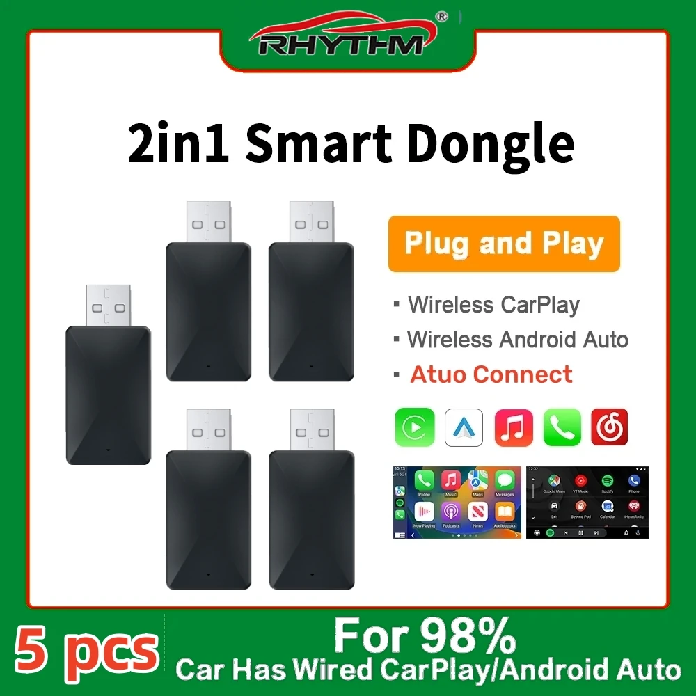 

5Pcs 2 in 1 Mini Box Wired to Wireless Carplay&Android Auto AI Box Plug And Play Dongle Auto Connect Compatible with 99% of Cars