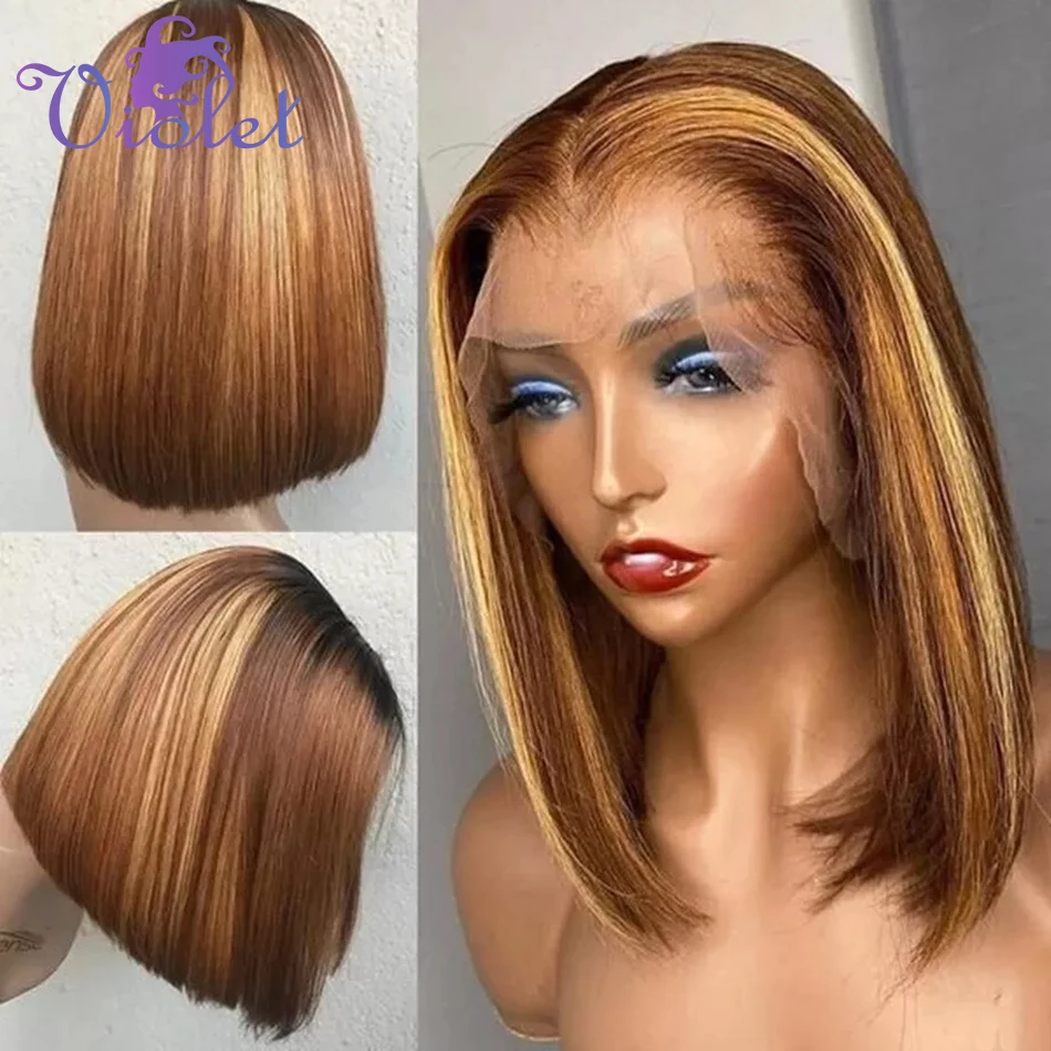 Highlighted Bone Straight Lace Bob Wigs Human Hair 13x4 Frontal Lace Wigs 200% Density Transparent Lace Front Bob Wigs For Women