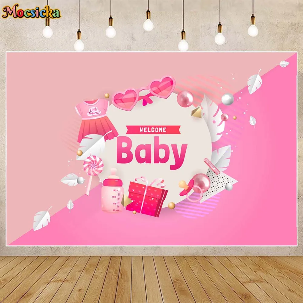 

Mocsicka Newborn Girl Welcome Party Backdrop Decoration Pink Clothes Princess Baby Shower Background Photo Shoot Banner Supplies