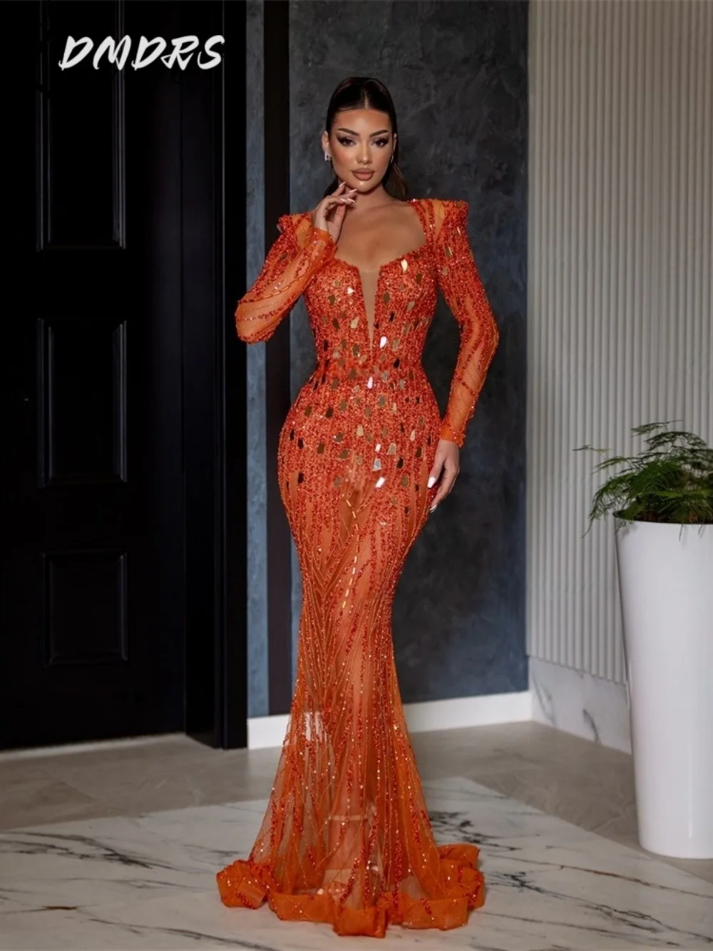 

Romantic Orange Mermaid Wedding Party Dress Formal Beaded Long Sleeve Arabic Dubai Women Prom Dresses Customized Evening Gown