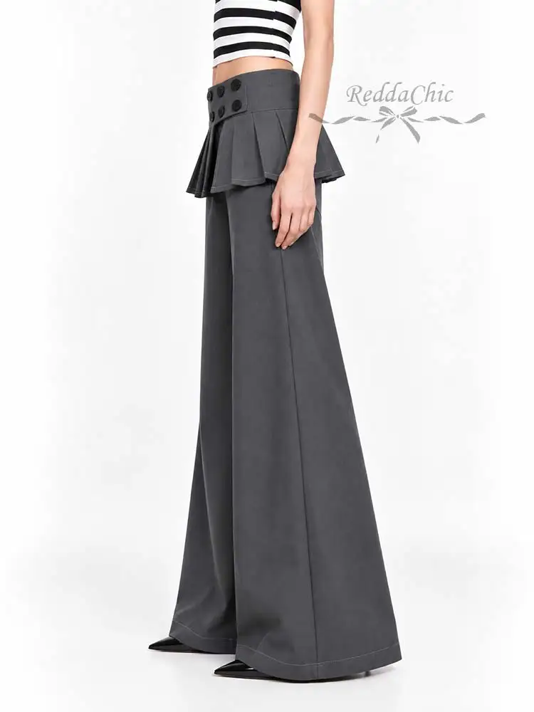 REDDACHiC Detachable Wrap Skirt Women Suit Trousers Simple Gray Solid Cleanfit Low Rise Flare Palazzo Pants Trendy Everyday Wear