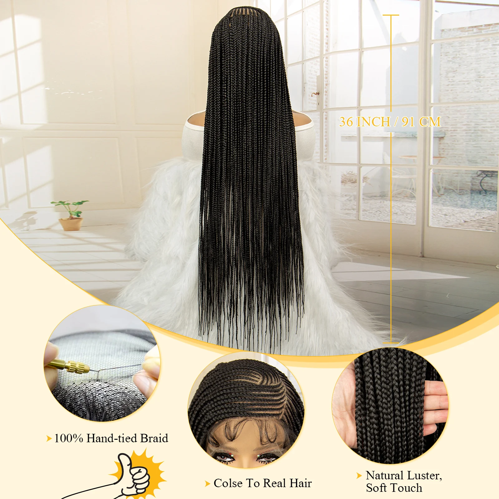 Synthetic Full Lace Cornrow Braided Wigs 36 Inches Lace Frontal Square Knotless Box African Braiding Wig for Black Women