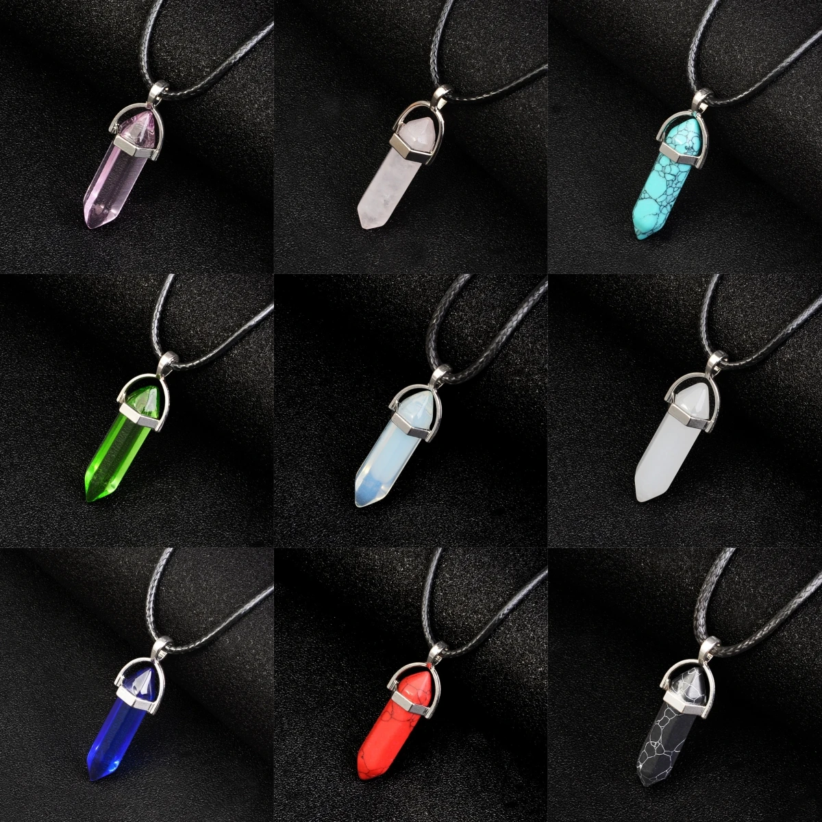 Natural Stone Pendant Necklace Women Girl Gift18inch PU Leather Hexagonal Column Pointed Reiki Chakra Lapis Opal Chunky Jewelry