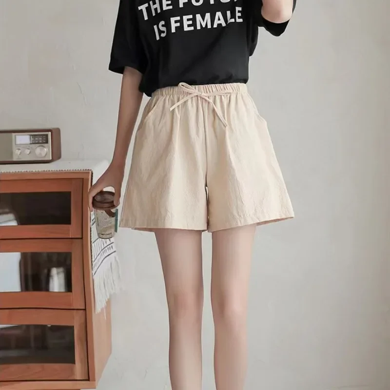Damen-Shorts aus Baumwollleinen – Sommer-Sportshorts mit hoher Taille, einfarbige, lässige Basic-Hose, modische schwarze Shorts in Übergröße