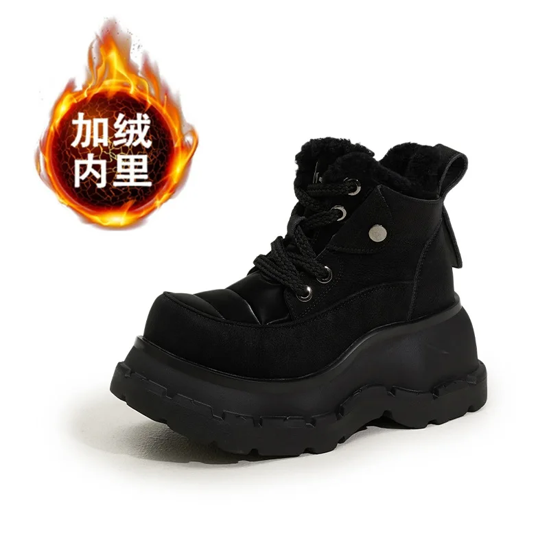 

10cm Winter Shoes Women Snow Boots Thick Sole Warm Plush Genuine Leather Brand Ladies Ankle Booties Non-slip Short Boots