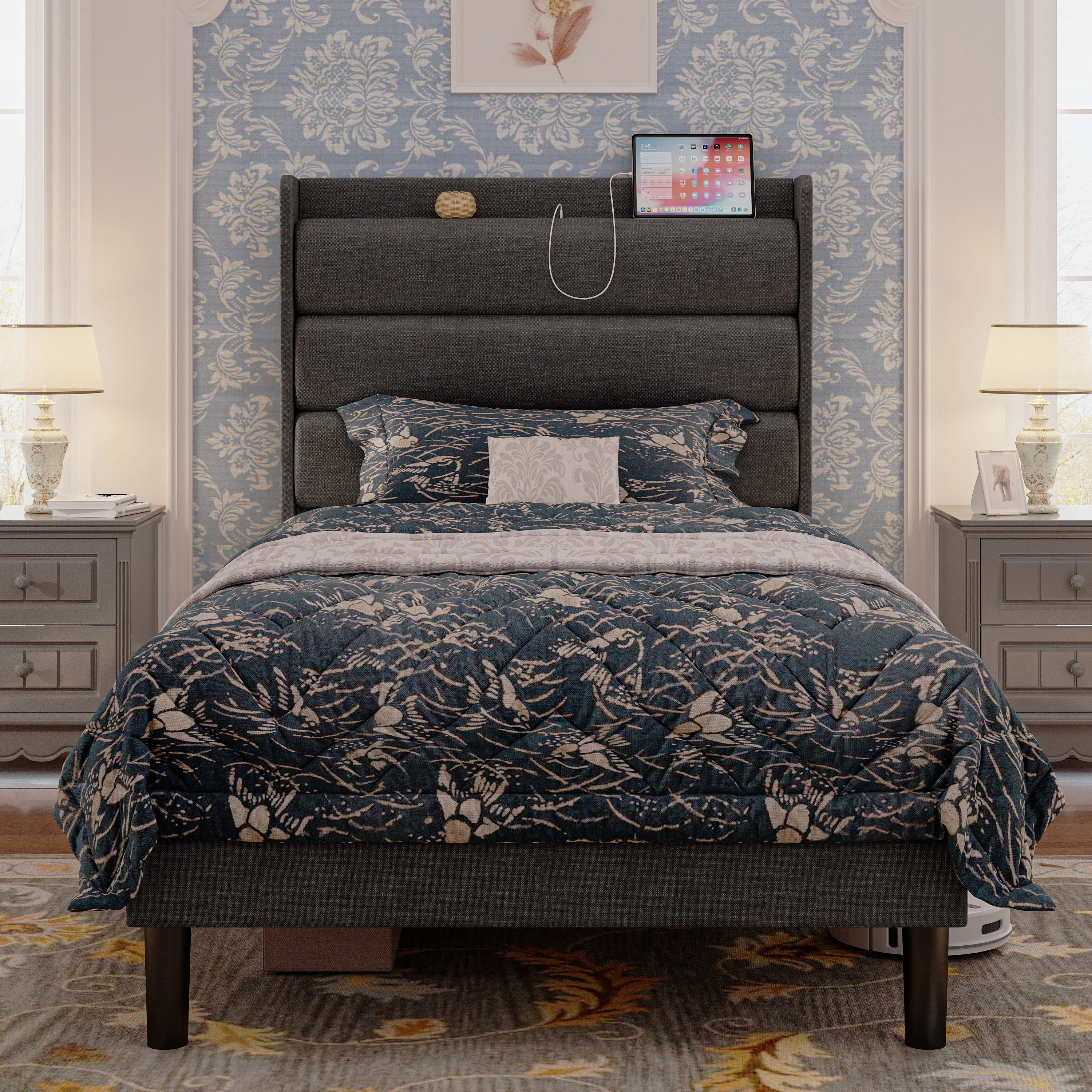 Twin Bed Frames, Storage Headboard with Outlets, Sturdy and Stable, No Noise, No Box Springs Needed, Dark Gray