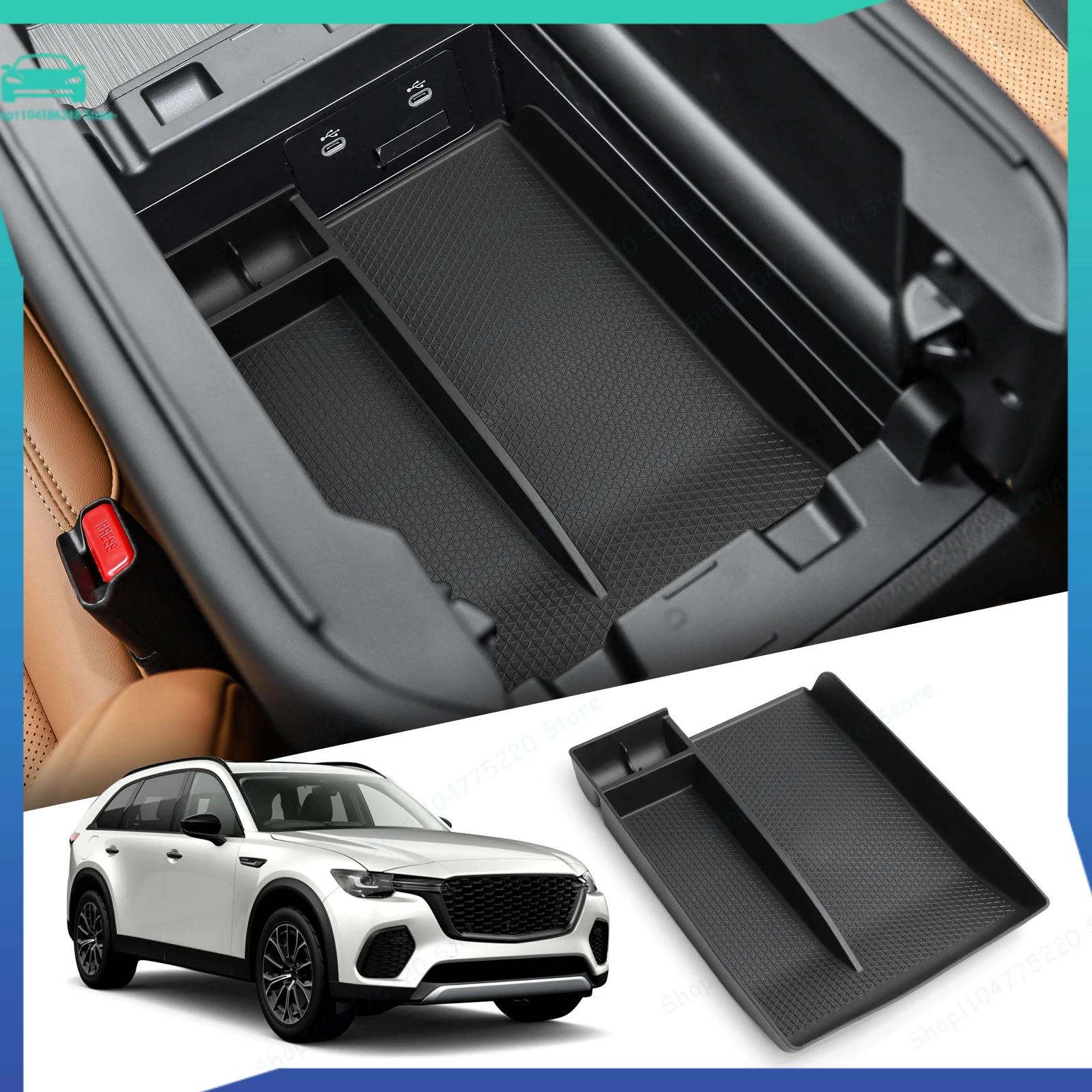 For Mazda CX-90/CX-70 2024 2025 CX90 CX70 Armrest Storage Box Car Tray Organizers Accessories TPE Tidying Black