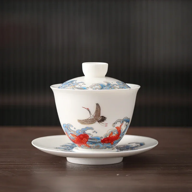 

Suet Jade Crane Chinese Ceramic Gaiwan For Tea Tureen Cloud Teaware Cup Chinese Fish Tea Bowls Vintage Chawan Tea Ceramony Set