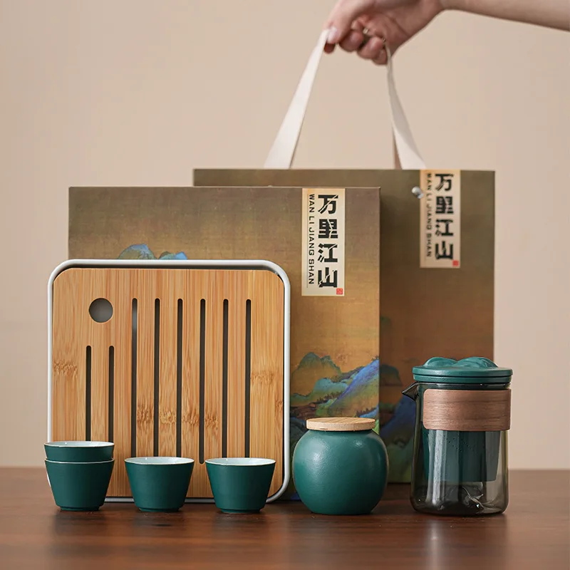 

Guochao Cultural and Creative Wanli Jiangshan Ceramic Kung Fu Tea Box Small Set Chinese Style Souvenir Gift