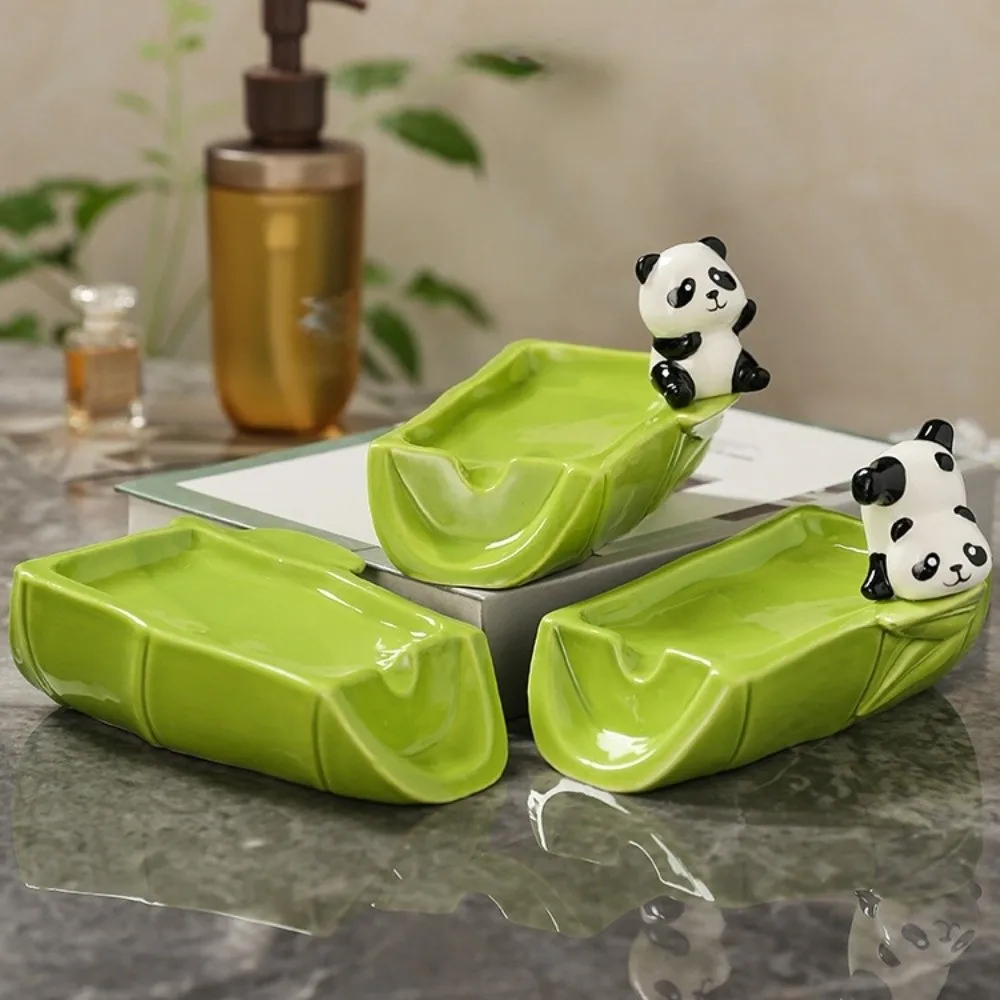 

No Punching Ceramic Self Draining Soap Holder Cute Bamboo Soap Tray Creative with Drain Holes Panda Soap Dish Shower