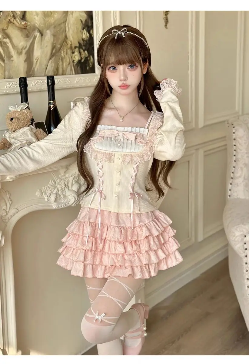 

Japan Girls Sweet Cute Lolita Princess Skirt Sets Autumn Bow Lace Splicing Long Sleeve Slim Tops Kawaii Cake Skirt Two Piece Set