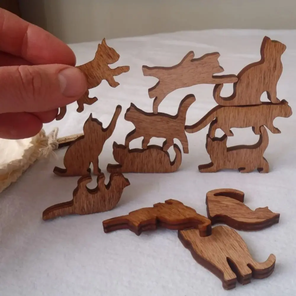 New Wooden Wooden Tower Cat Mini Cat Figurines Set Cute Stacking Desktop yoga Cat Gifts