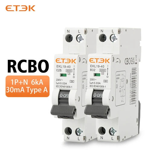 ETEK RCBO tipo A disyuntor automático Residual 6KA 1P + N 2P 16a 20a curva C con protección contra fugas de sobrecorriente 30mA EKL9-40