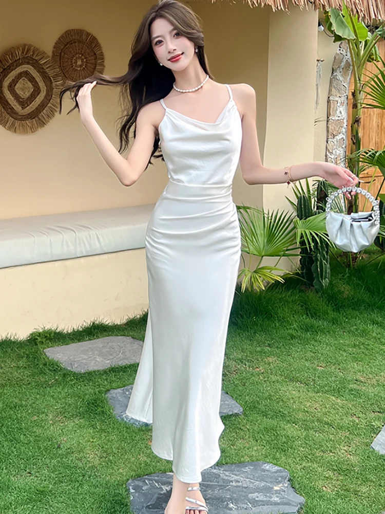 2025 グリーンサテン プリーツ ボディコン スリング ロングドレス レディース シック バックレス セクシー クラブドレス サマー 韓国 エレガント ラグジュアリー イブニングドレス
