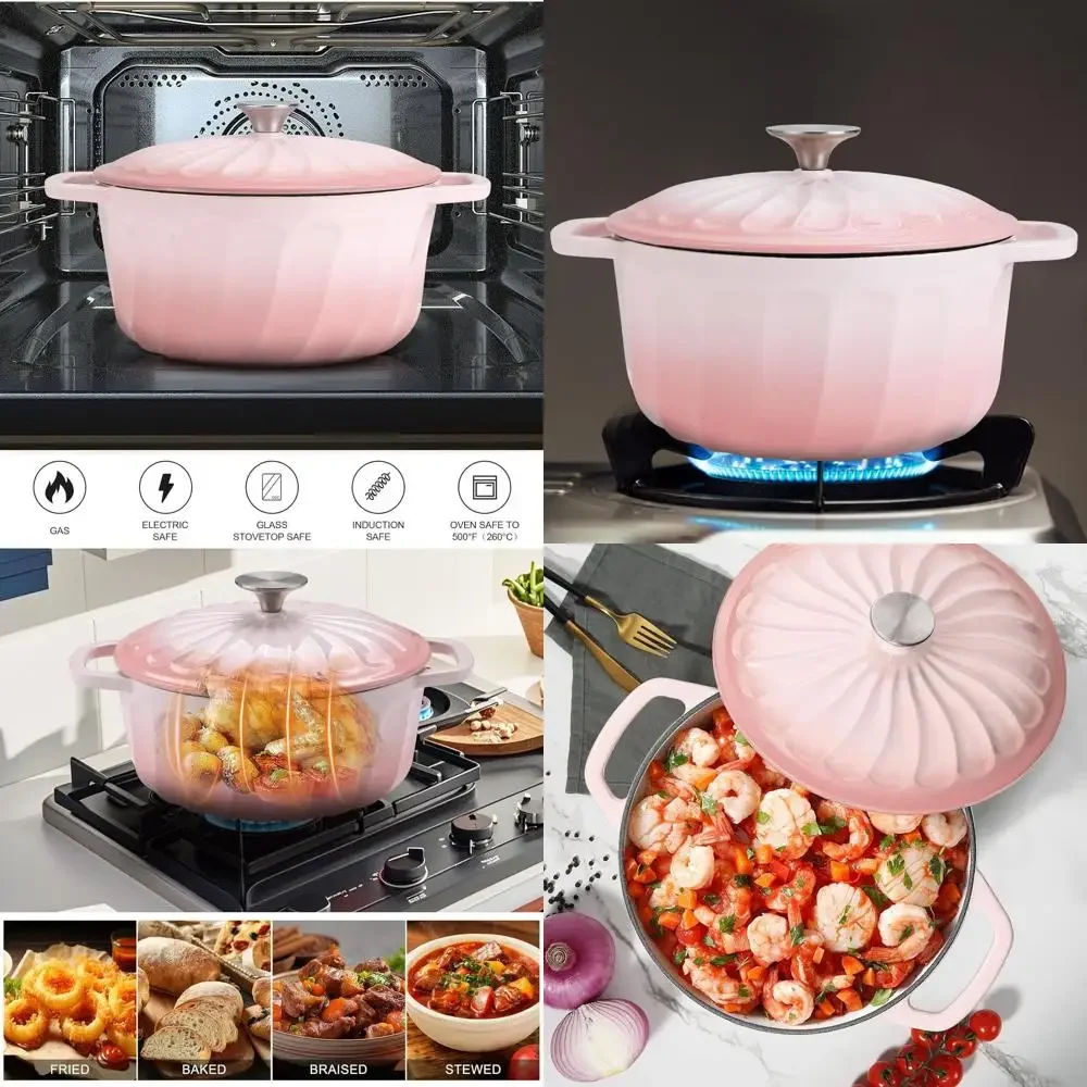 

6-Quart Gradient Pink Enamel Cast Iron Dutch Oven with Lid, Ideal for Bread Baking and Braising on All Cooktops