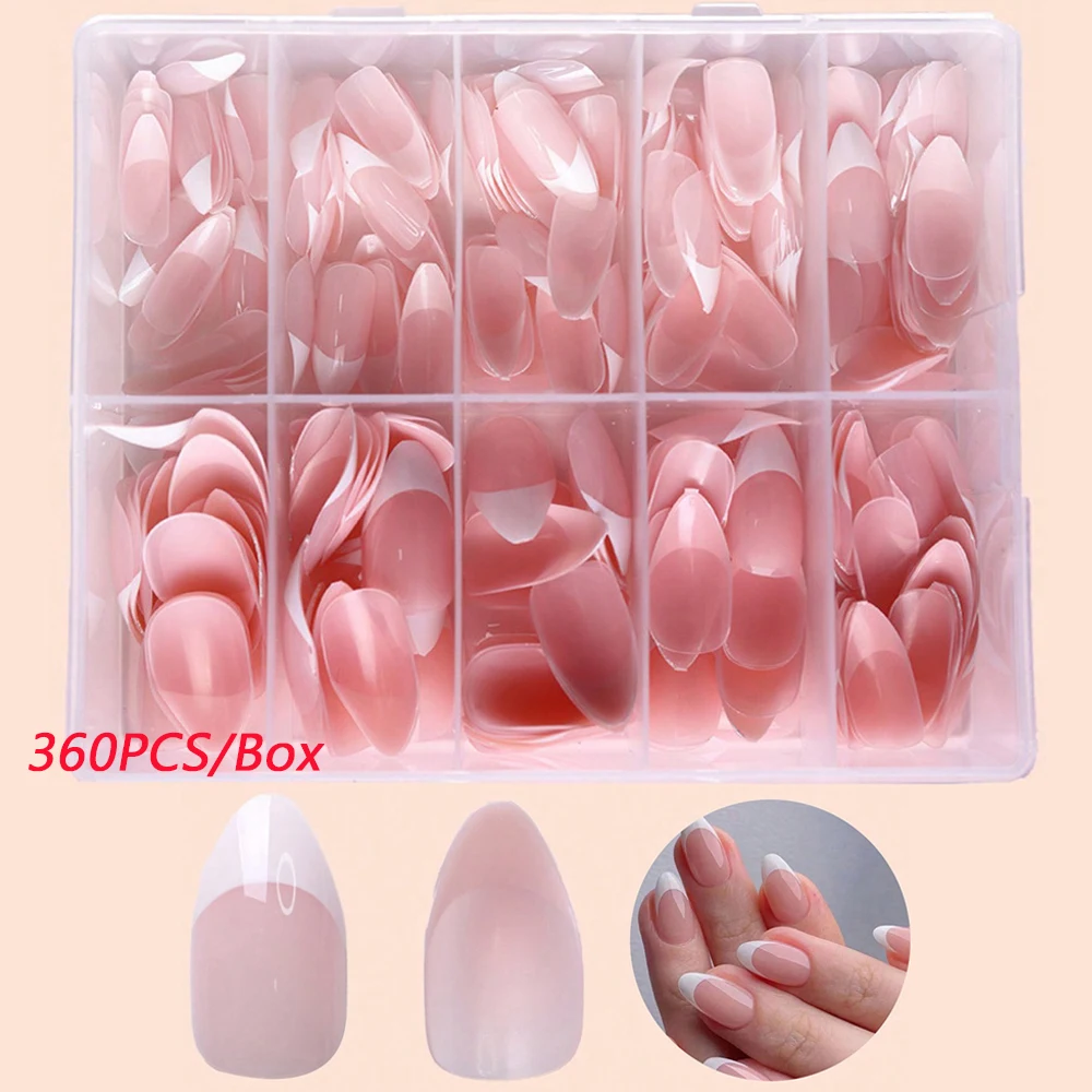 360PCS/Box Press On Nails French Tip UV Finish Almond Shape Reusable Semi-Transparent False Nails 12 Sizes Pink Acrylic Nail Tip