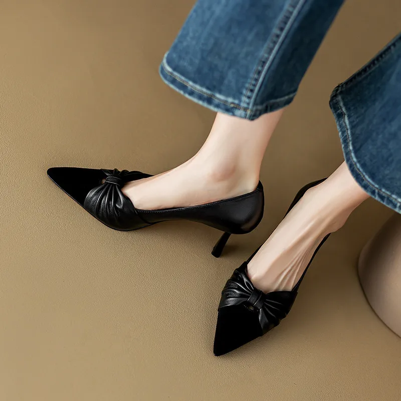 FEDONAS Elegant Women Pumps Butterfly Knot Genuine Leather Pointed Toe Thin Heels Shoes Woman Spring Summer Wedding Party Prom