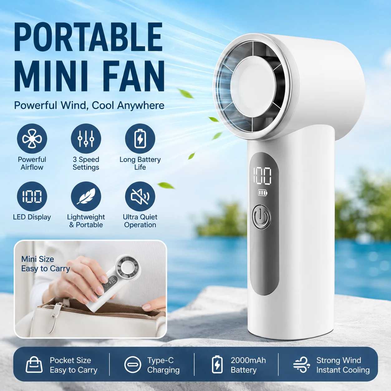 2026 Air Cooler High-speed Handheld Fan Quiet Operation Waterproof USB Rechargeable Fan Long-lasting Strong Wind Fan Desktop