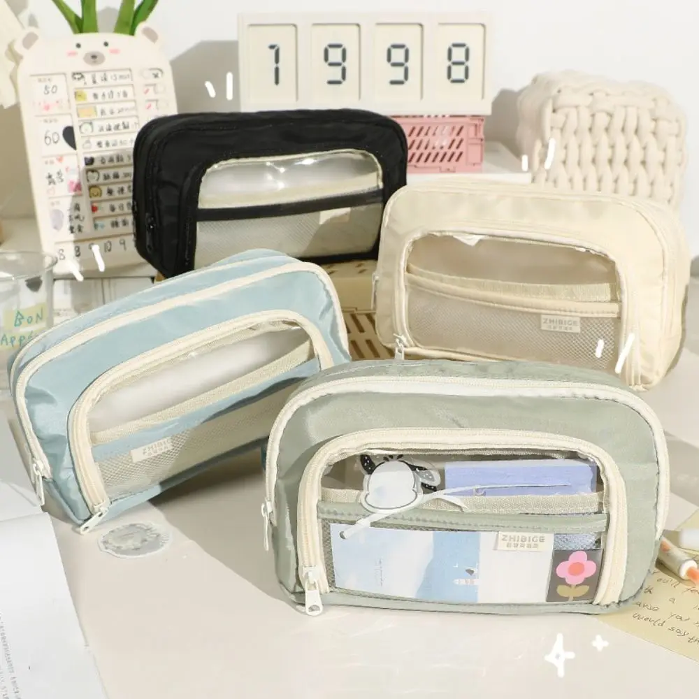 Simple Three Layer Pen Bag Large Capacity Translucent Stationery Organizer Multifunctional Stationery Bag Student Gift