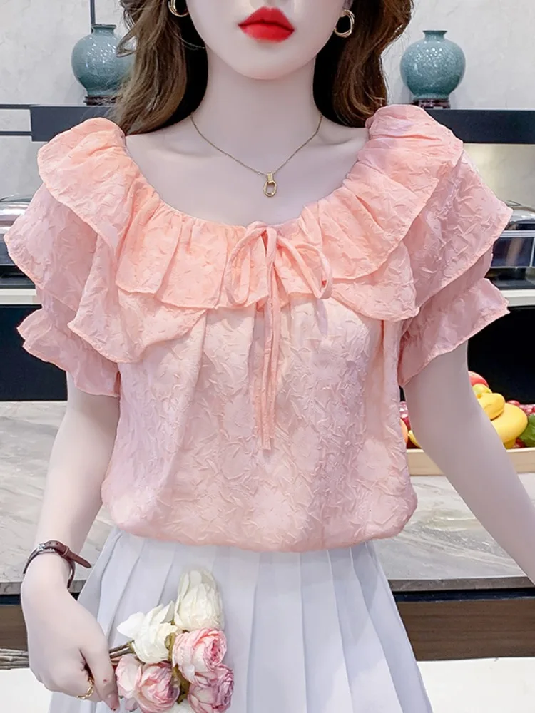 

Летняя шифоновая блузка Sweet Summer с одним открытым плечом, плиссированная, в корейском стиле, свободного кроя, модная и красивая