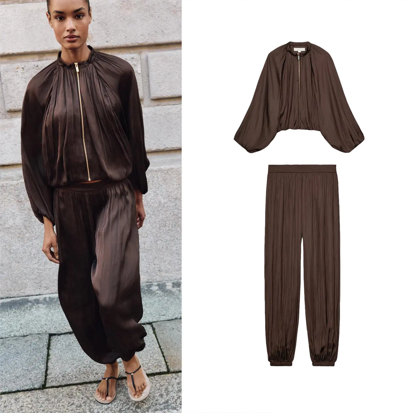 Pilot Jacket Coat High Waist Zipper Style Lantern Pants Bubble Sleeve Stand Collar Spring Fashion Women's Two-Piece Set