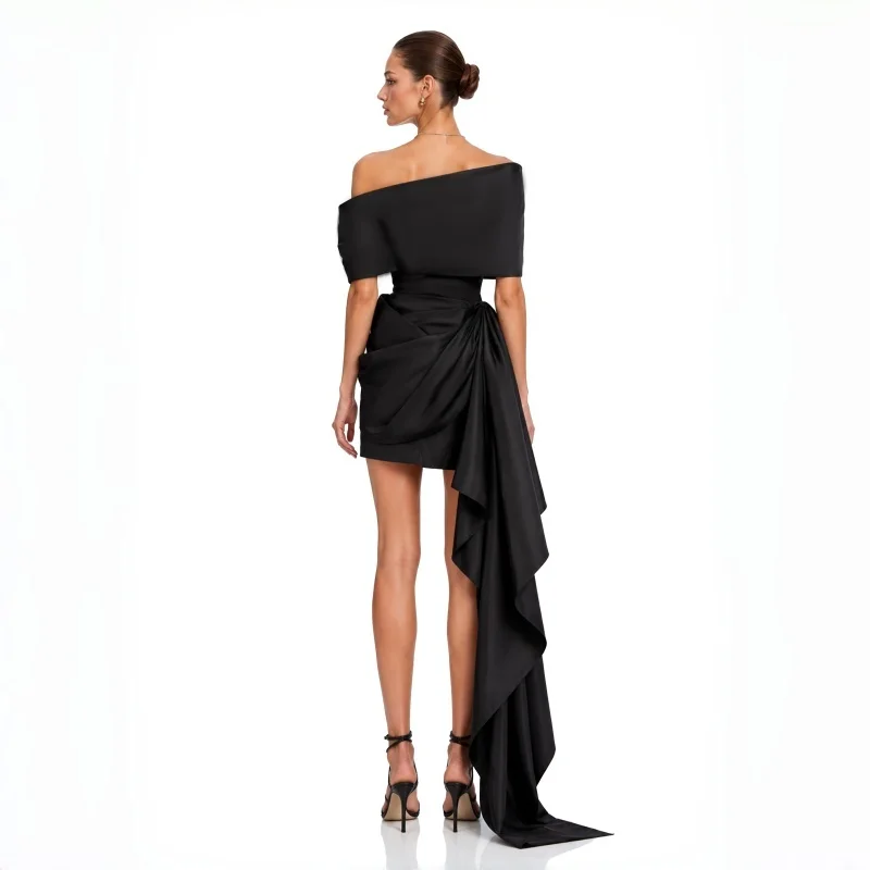 Luxury Black Satin Off Shoulder Party Mini Dress Draped Women Sexy Evening Cocktail Dress Glamour Ladies Short Dress Night Party