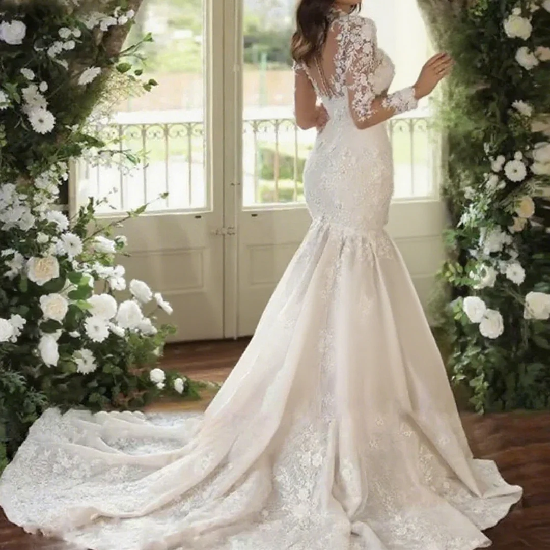Sexy backless prinses lange mouwen hoge hals bruidsjurk luxe zeemeermin 3d bloem applique trouwjurk voor vrouw aangepast