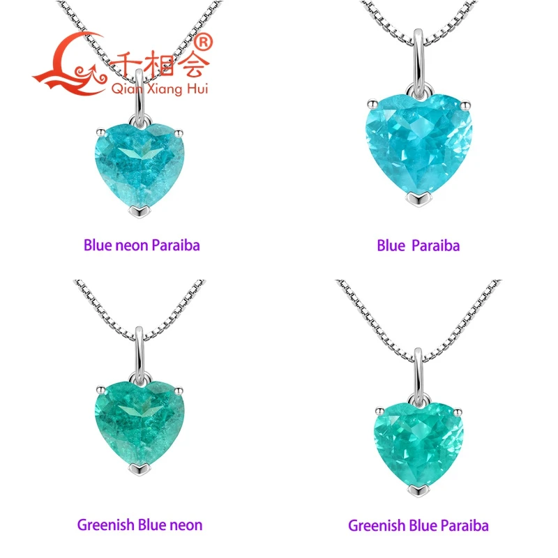 

9*9mm heart shape lab grown YAG neon Paraiba blue and green S925 Silver Pendant Jewelry gift necklace