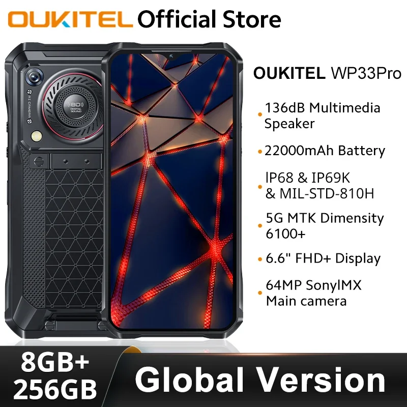 

Oukitel WP33 Pro 5G Rugged Smartphone 22000mAh 6.6" FHD+ Cellphone 8GB 256GB Mobile Phone 64MP Camera 33W Fast Charger