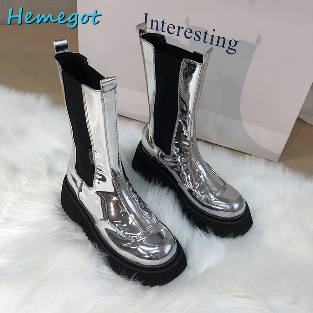 

Mirror Leather Round Toe Chelsea Boots Mid Calf Thick Bottom Silver Solid Slip On Casual Retro Fashion Women Shoes Autumn Newest