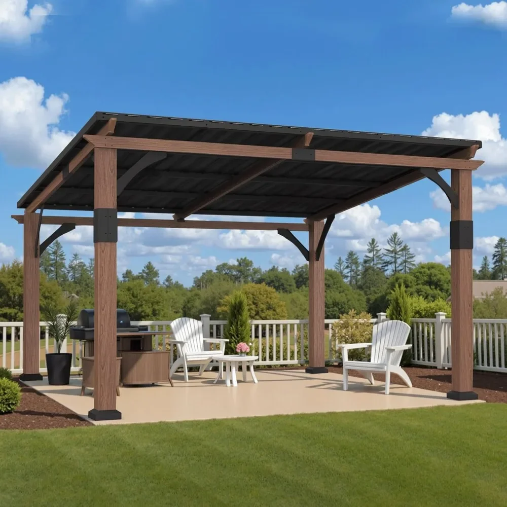 

10'x12' Outdoor Gazebo, Heavy Duty Pergola with Sloped Metal Roof and Aluminum Frame, Permanent Gazebos for Patio,