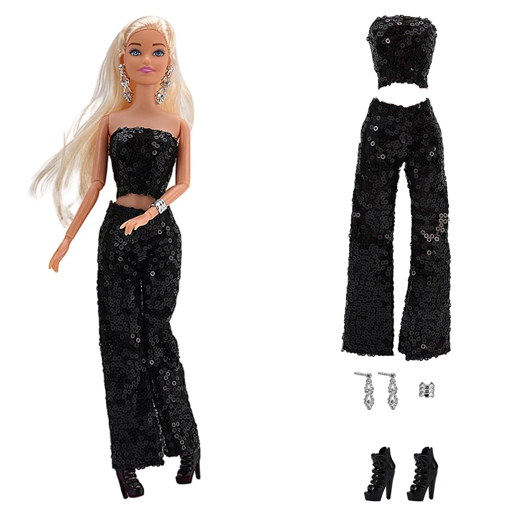 NK 1 Set The shiny black dress of the doll supermodel: top+pants+exquisite earrings+bracelets+high heels For Barbie Doll TOY