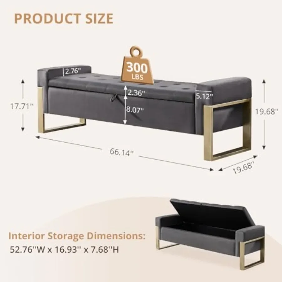 End of Bed Storage Bench for Bedroom, Upholstered Velvet Tufted Ottoman in Grey with Gold Legs, 67'' King Size Bench for Feet o
