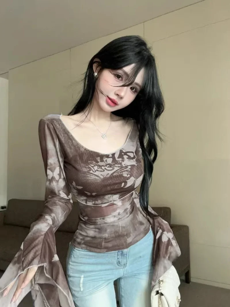 

Уникальная зимняя мода Long Sve Tie Dye Net Sun Protection irt Special Bell Sve Chiffon Cover up Корейский топ