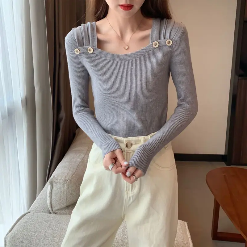 Jersey nuevo con cuello cuadrado francés de diseño a la moda para mujer, Top básico de punto para otoño e invierno 2025