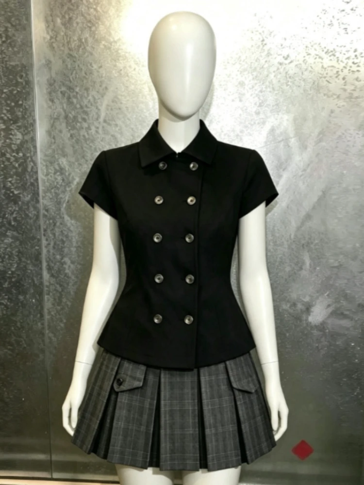 Hot Girl 2Pcs Matching Set Retro Plaid Short Sleeve Blouse High Waist Pleated Skirt Harajuku Y2K Street Going‑Out Co‑ord Outfit