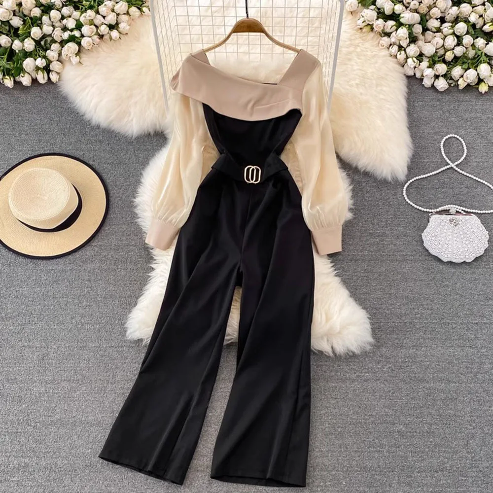 Koreaanse herfst kantoor patchwork wijde pijpen broek chique lange jumpsuit past dames losse elegante rompertjes dames casual werk met riem