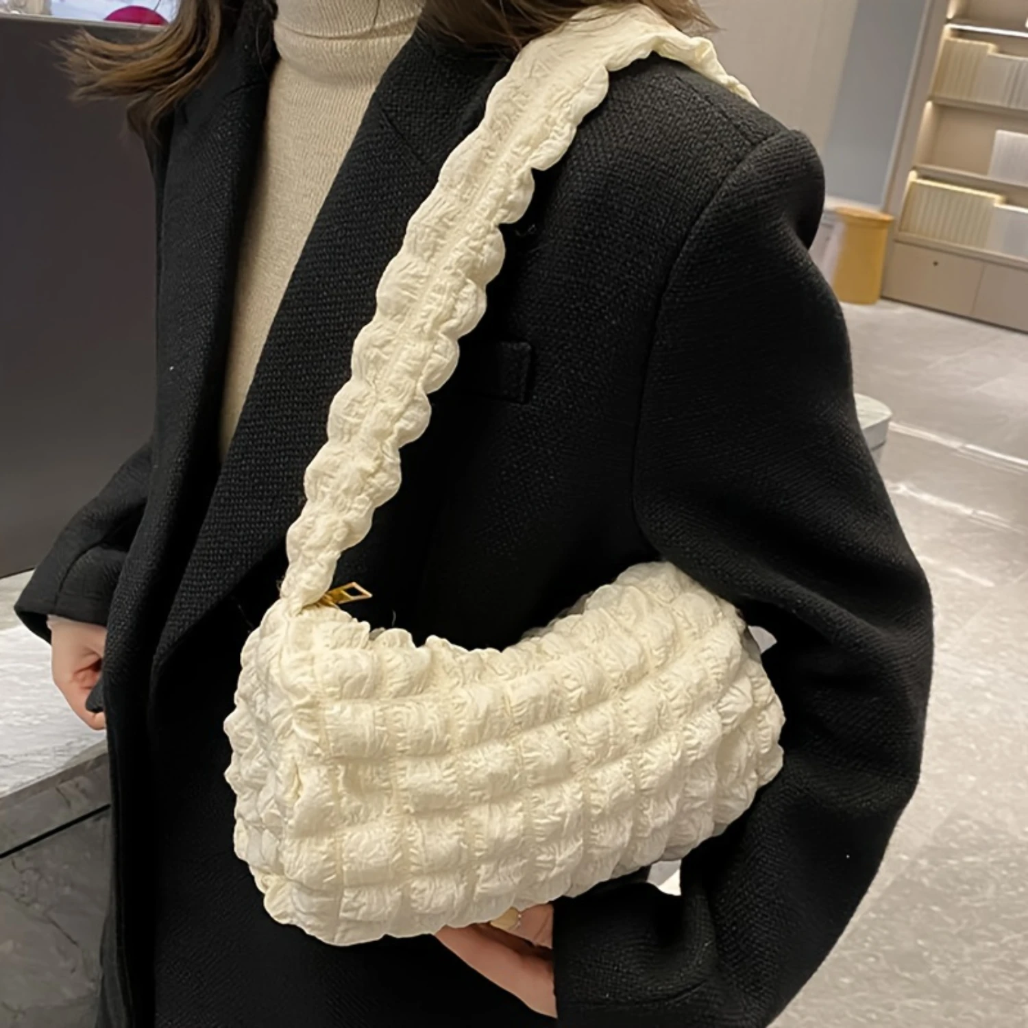 

Ruched Shoulder Bag, Cloud Pleated Underarm Purse, Women's Waffle Plaid Handbag