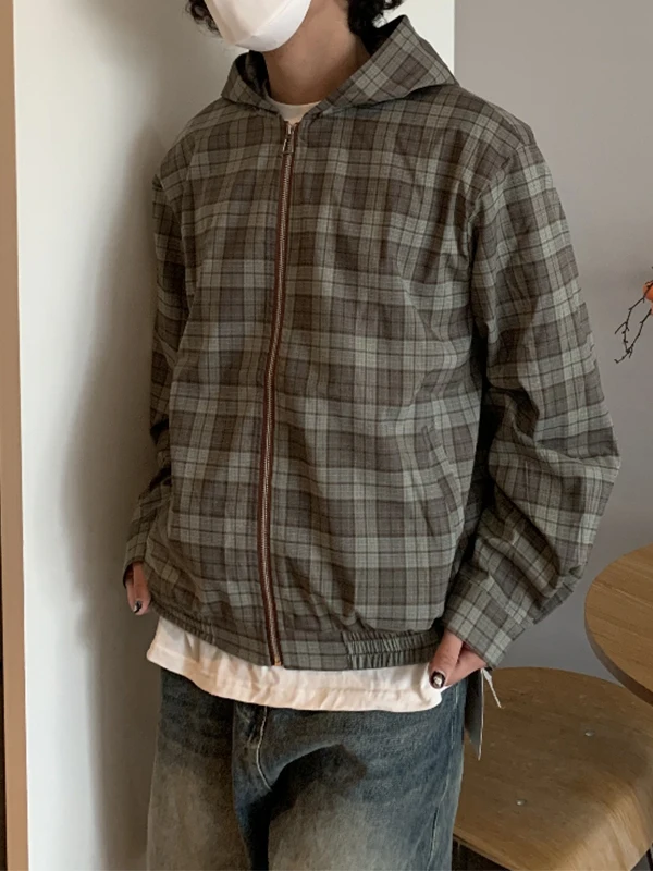 

American Retro Plaid Casual Hooded Jaet Loose Streetwear ex Faionable Top for Couples Polyester Long Sve Zipper