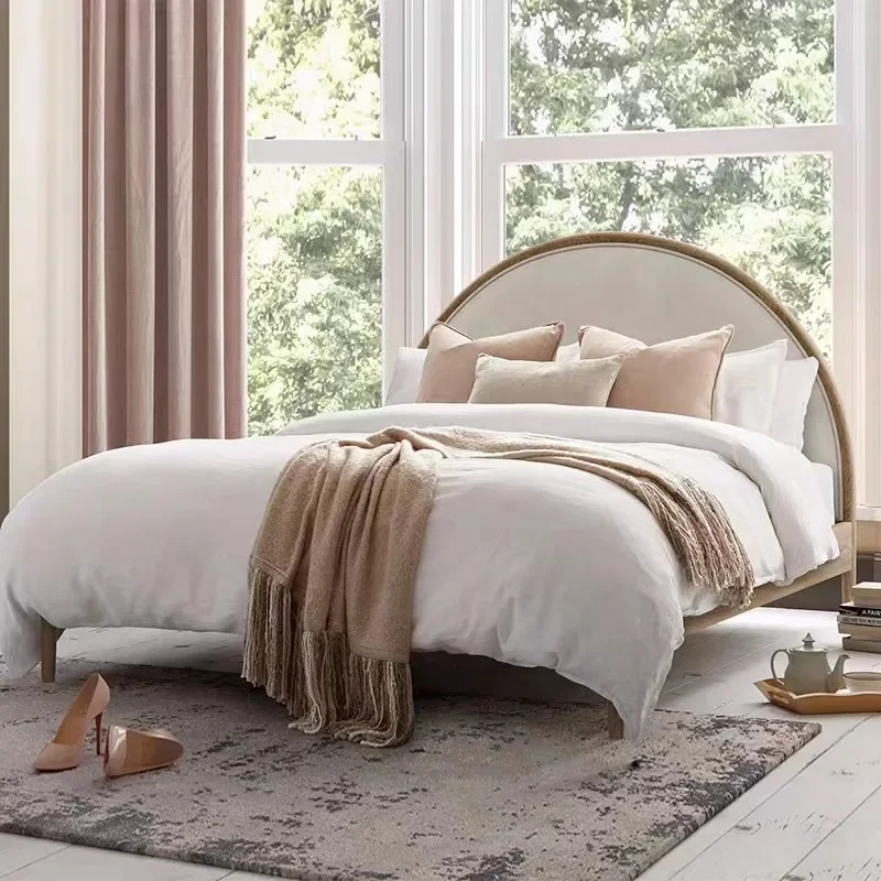 American solid wood bed, French vintage, simple master bedroom, modern high-end fabric, half-moon