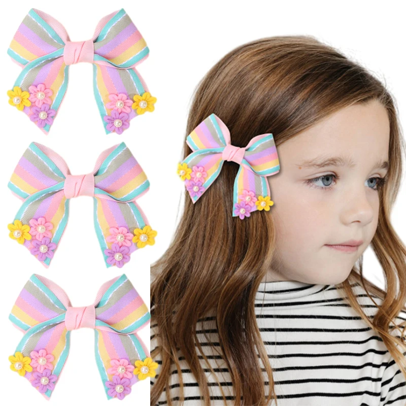 

ncmama 2Pcs Solid Flower Pearl Hairpin Color Stripes Bow Hair Clip for Kids Girls Handmade Bowknot Barrettes Hair Accessories