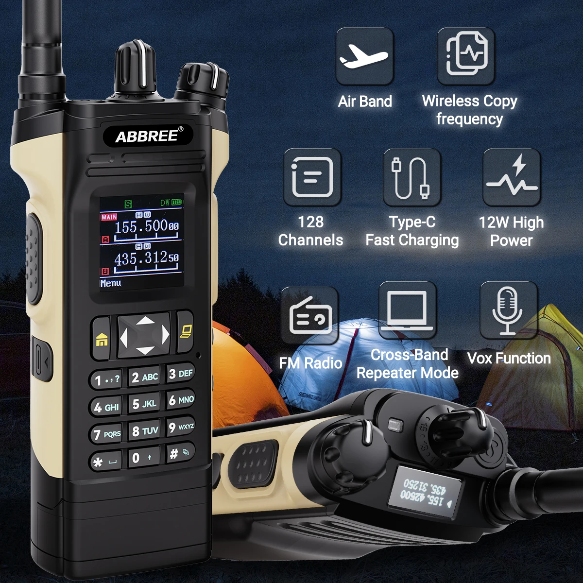 ABBREE AR-8000 Walkie Talkie Long Range Dual Speaker Display 12W Air Band Wireless Copy Frequency Type-c Handheld Two Way Radio