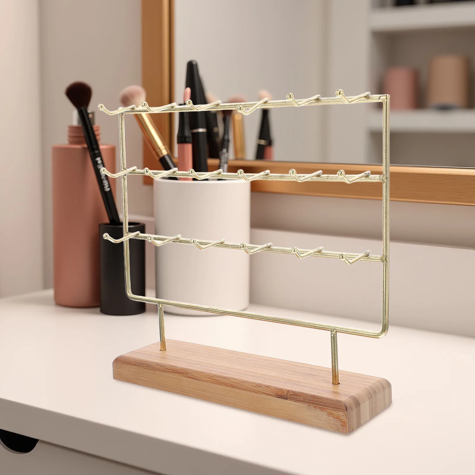 

3 Tier Jewelry Display Stand with 18 Hooks Iron Frame Solid Wood Base Earring Bracelet Necklace Organizer for Selling and